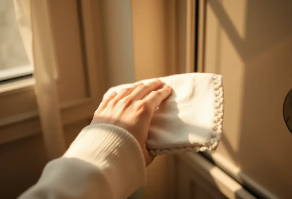 Main: une main féminine plie délicatement un tampón en coton