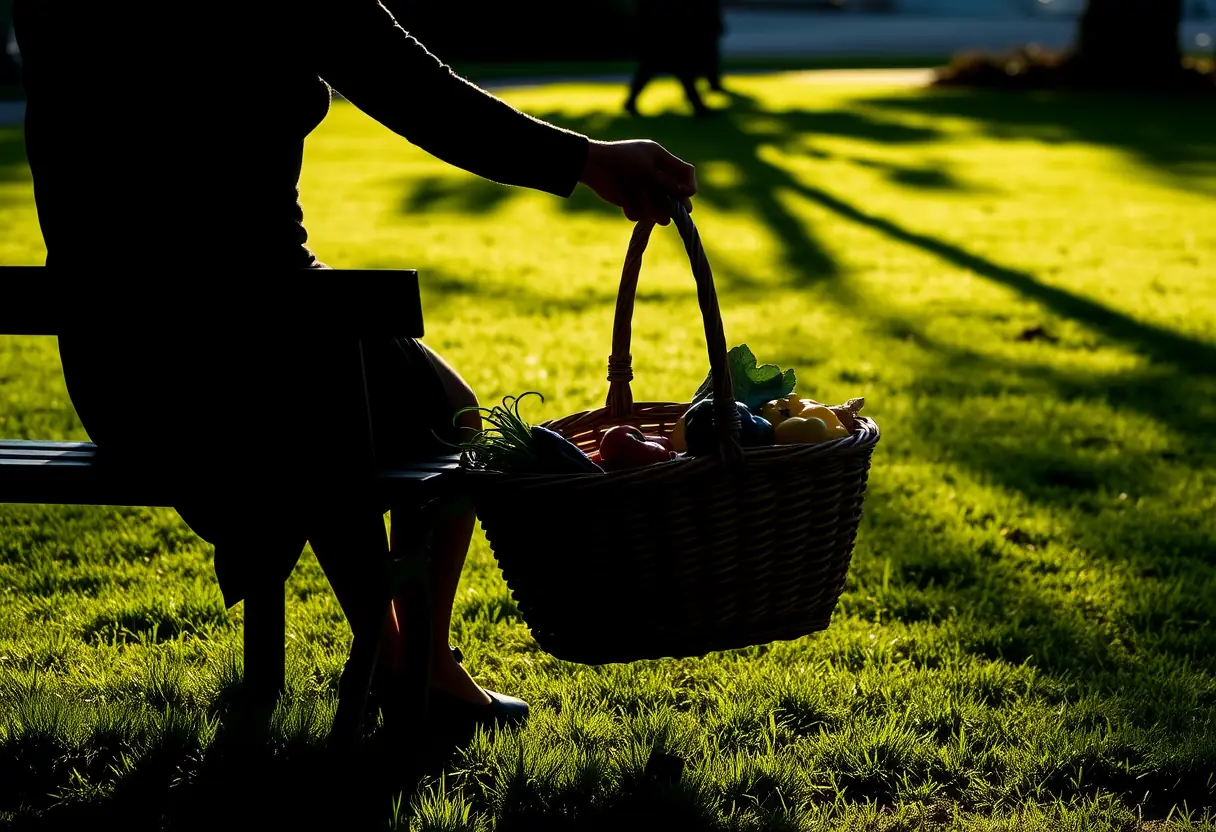 Main: un profil de femme assise sur un banc de parc avec un panier de légumes frais