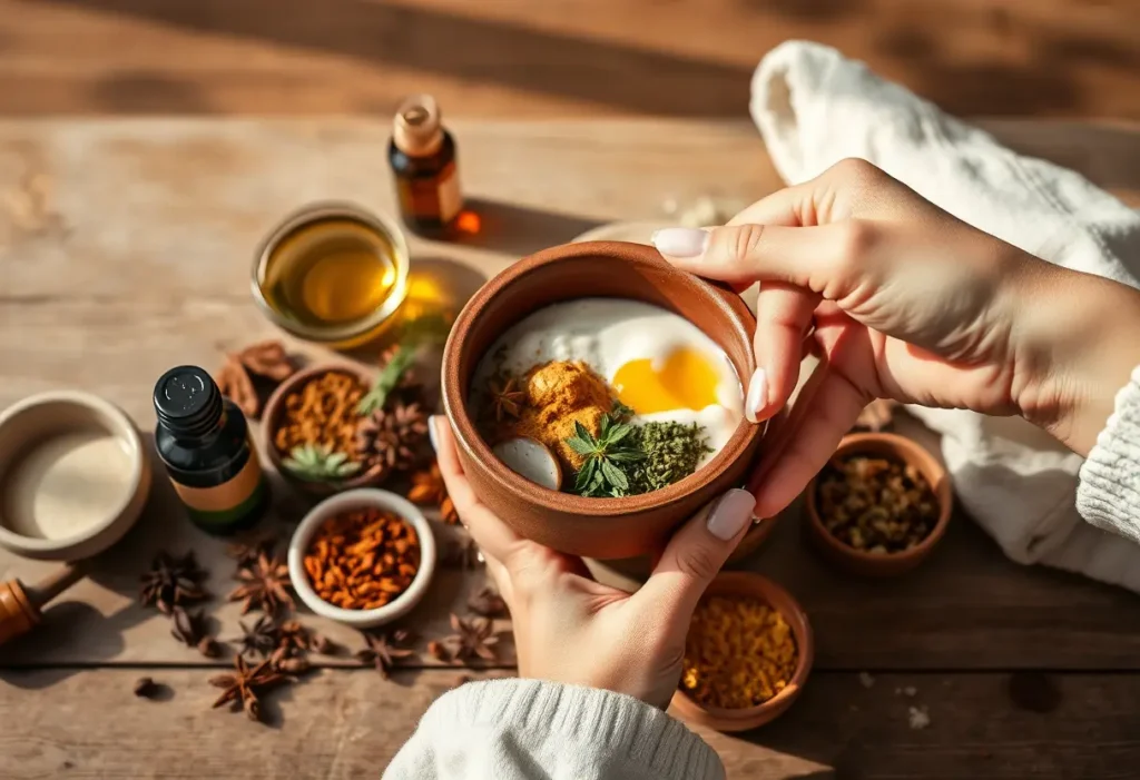 Main de femme tenant un pot en argile contenant un masque maison, entouré d'épices et d'huiles sur un plan de travail en bois, lien avec l'article sur la routine beauté Aroma Zone