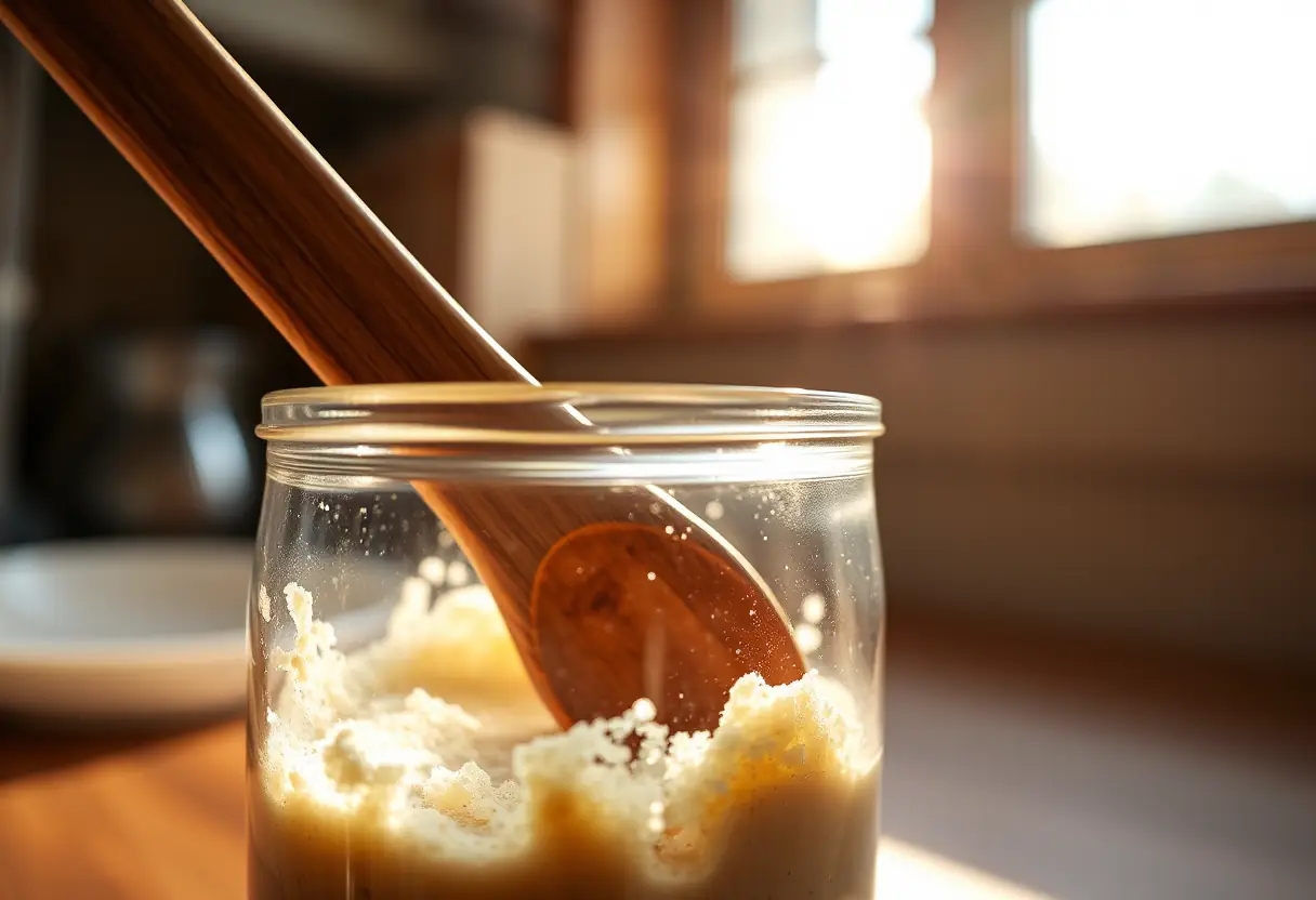 Cuillère en bois mélangeant une préparation dans un bocal de verre, lumière naturelle filtrant à travers une fenêtre, lien avec l'article sur la routine beauté Aroma Zone