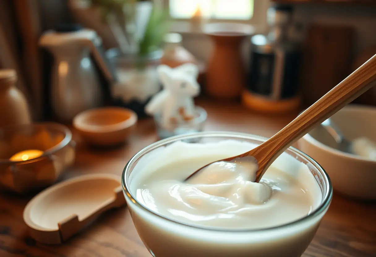 Cuillère en bois mélangeant une préparation de baume hydratant maison dans une cuisine accueillante