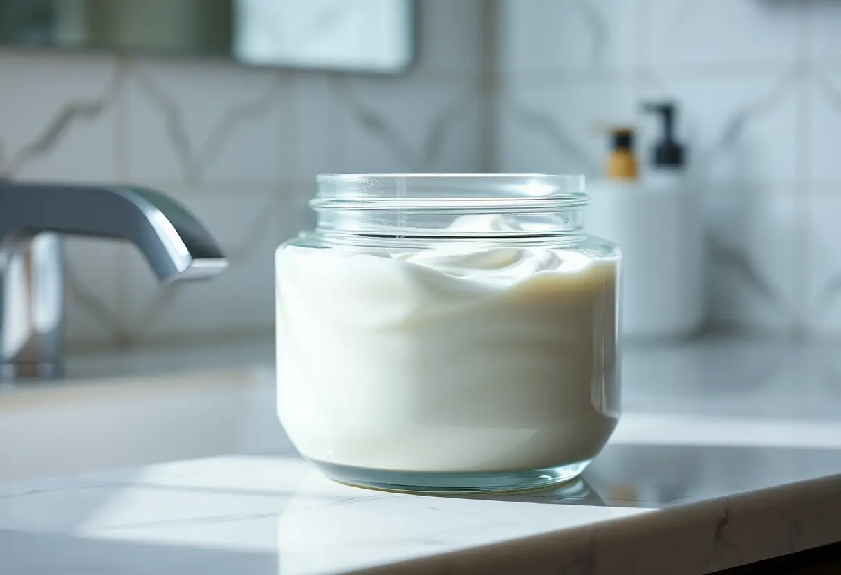 Pot de crème hydratante sur une étagère de salle de bains, soin pour la peau de la future mère