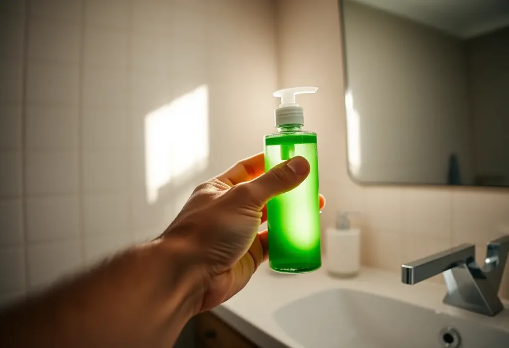 Une main posée sur une bouteille de lotion verte dans une salle de bains