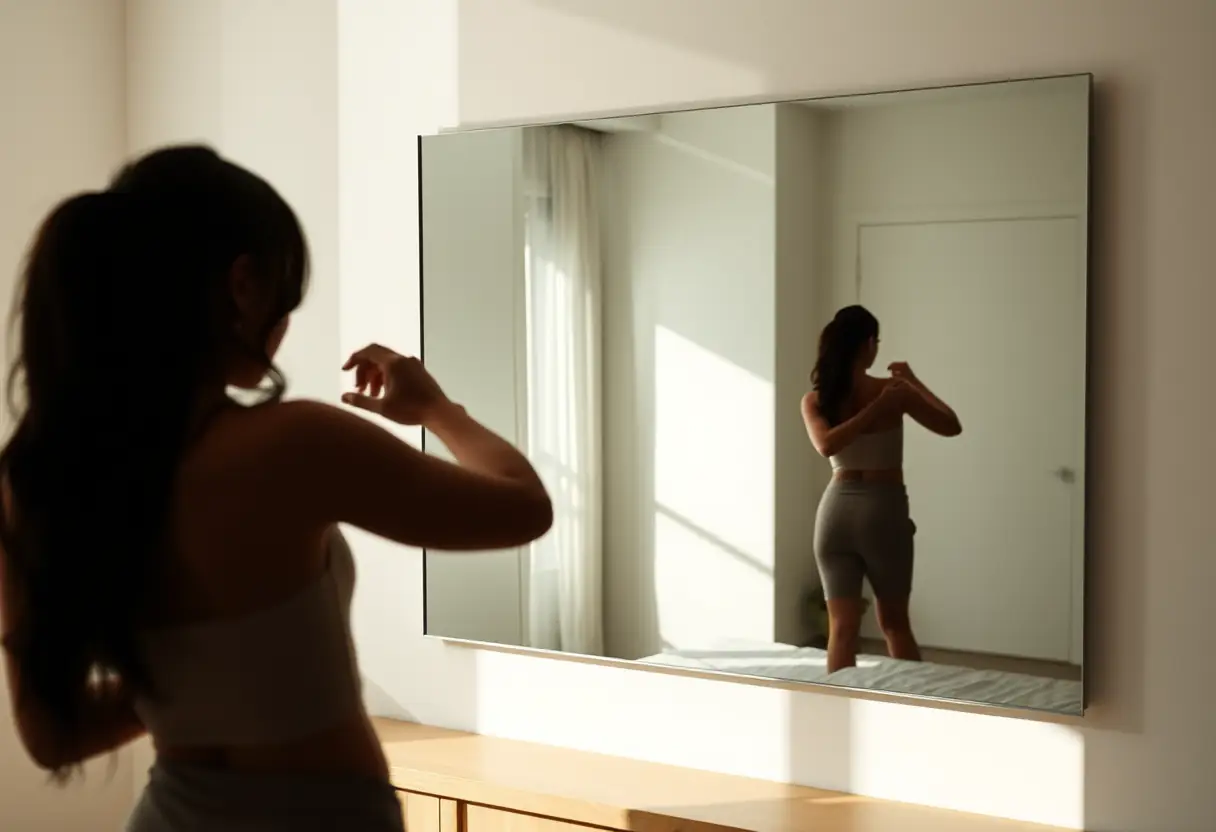 Un reflet d'une personne s'appliquant une lotion dans un miroir