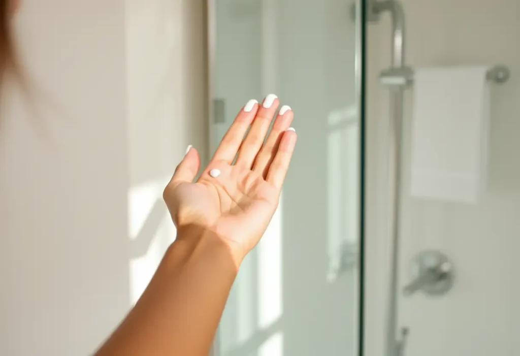 Une main applique une lotion sur le bras dans une salle de bains, éclairée naturellement, pour chouchouter sa peau.