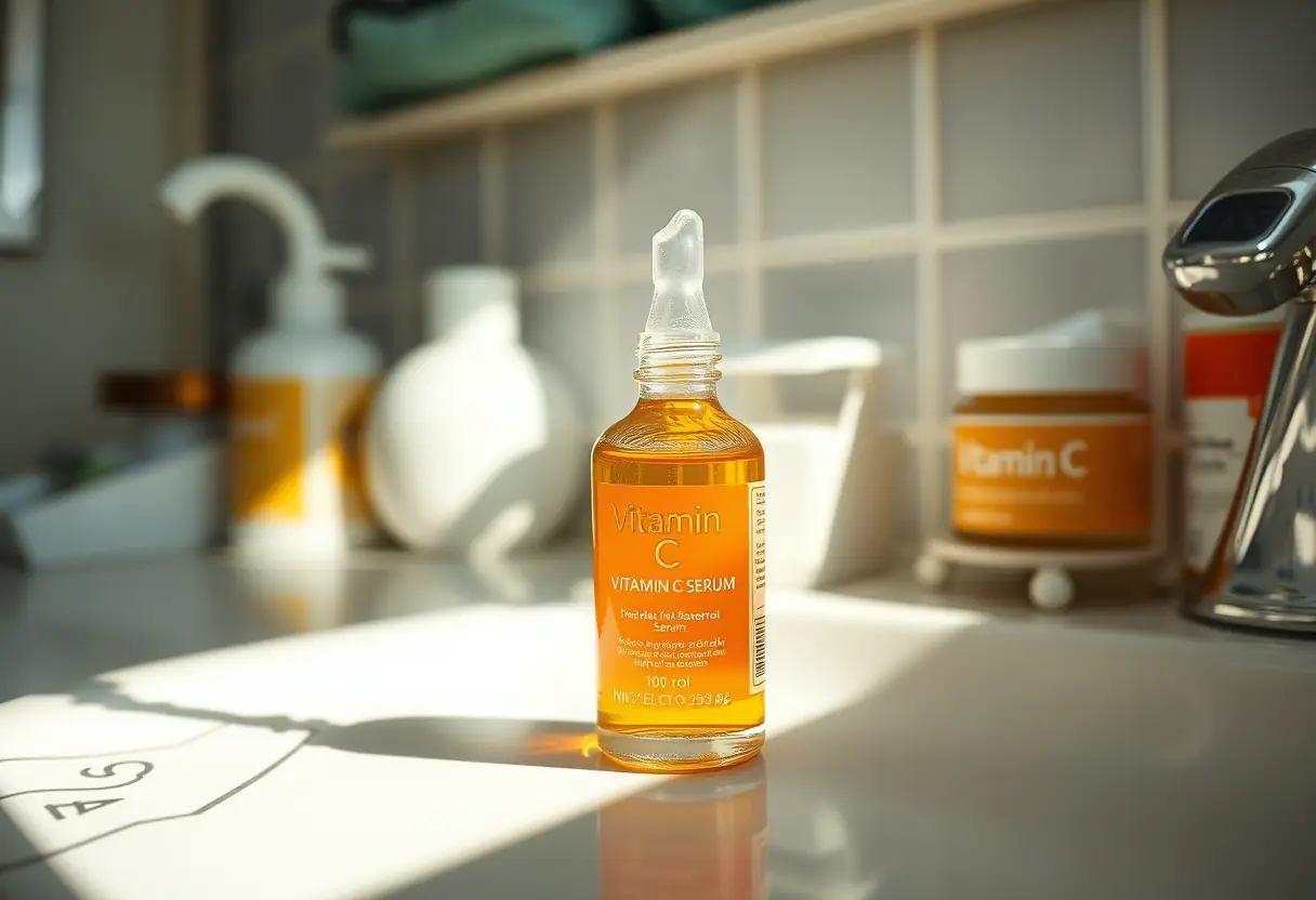 Une petite bouteille de sérum à la vitamine C sur un comptoir de salle de bains, éclairée par la lumière du matin, pour prendre soin de sa peau.