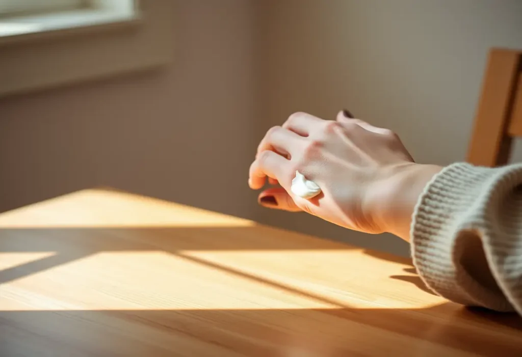 Main de femme appliquant une crème hydratante sur son bras, article sur la beauté minimaliste