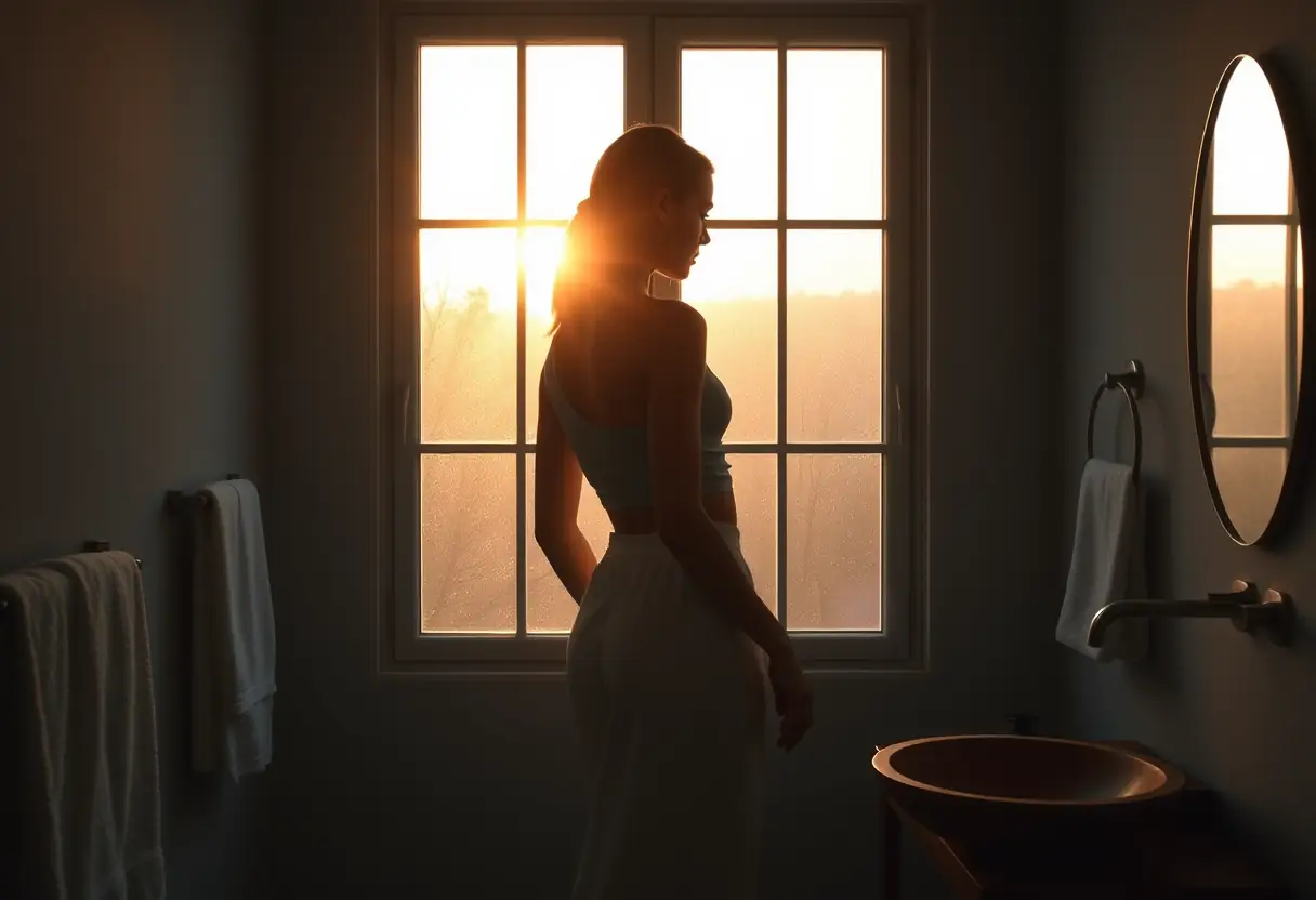 Silhouette d'une femme devant une fenêtre le matin, prépare sa peau