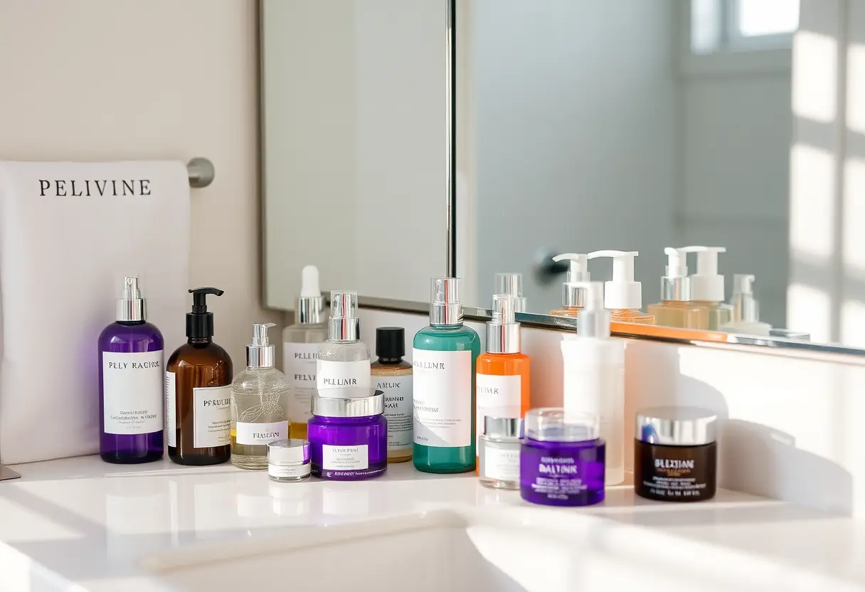 Un comptoir de salle de bains avec des bouteilles en verre contenant des soins de peau