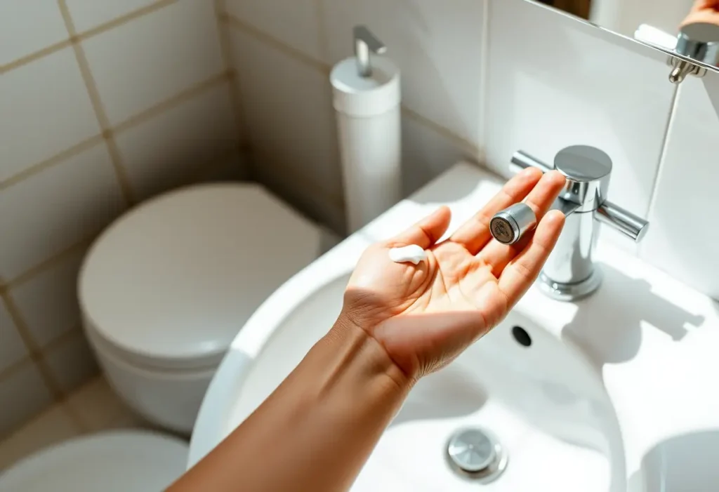 Une main applique délicatement une crème hydratante sur la peau dans une salle de bains éclairée naturellement.