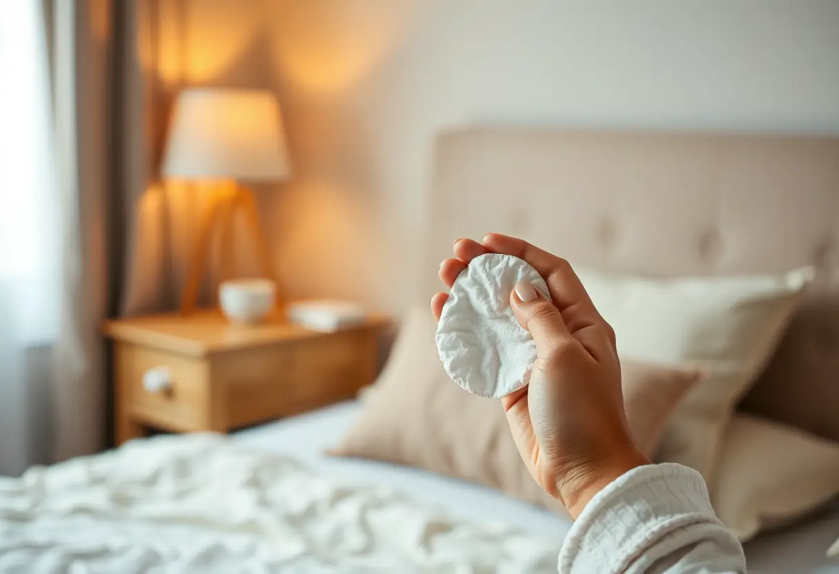 Des mains tenant un tampon en coton imbibé de toner dans une chambre douillette éclairée par une veilleuse.