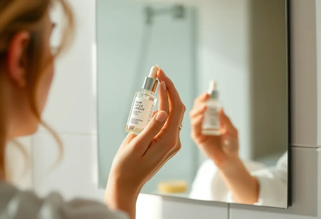 Main: Une main applique délicatement un sérum sur le visage.