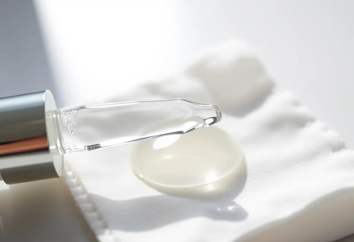 Main: Un distributeur de seringue posé sur un gant de toilette, évoquant la pureté de la routine de soins.
