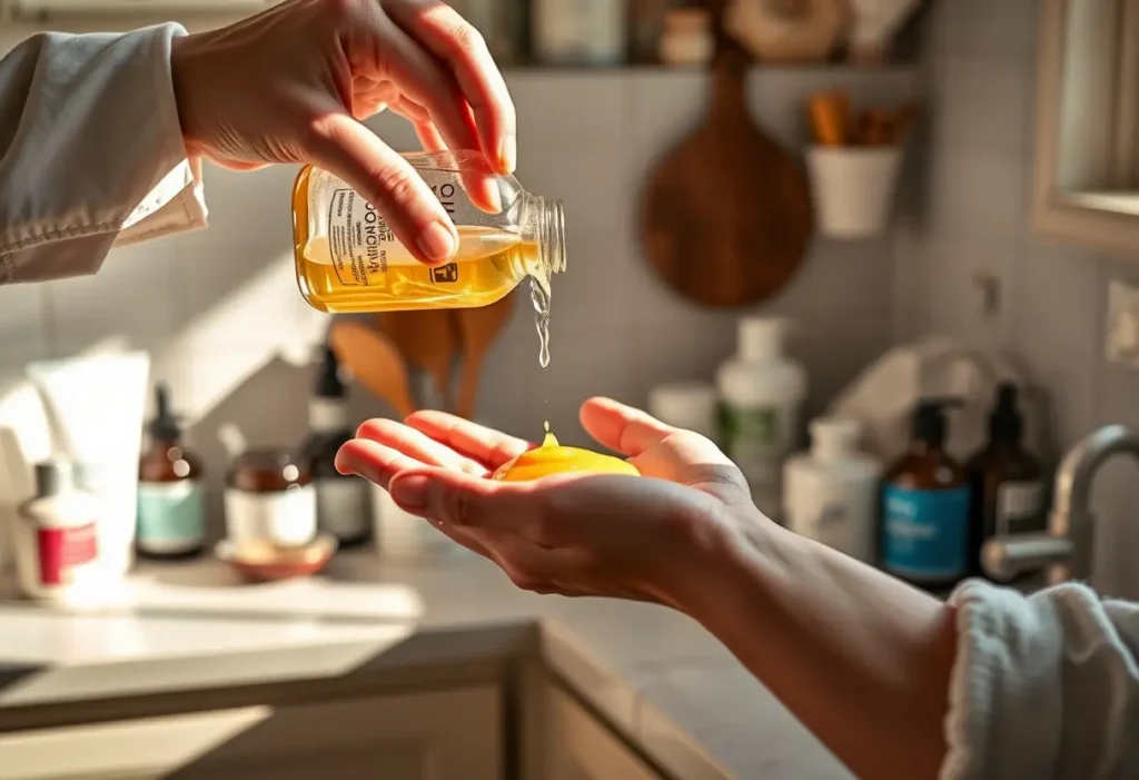 Une main verse un exfoliant liquide dans la paume d'une autre main dans une cuisine ensoleillée
