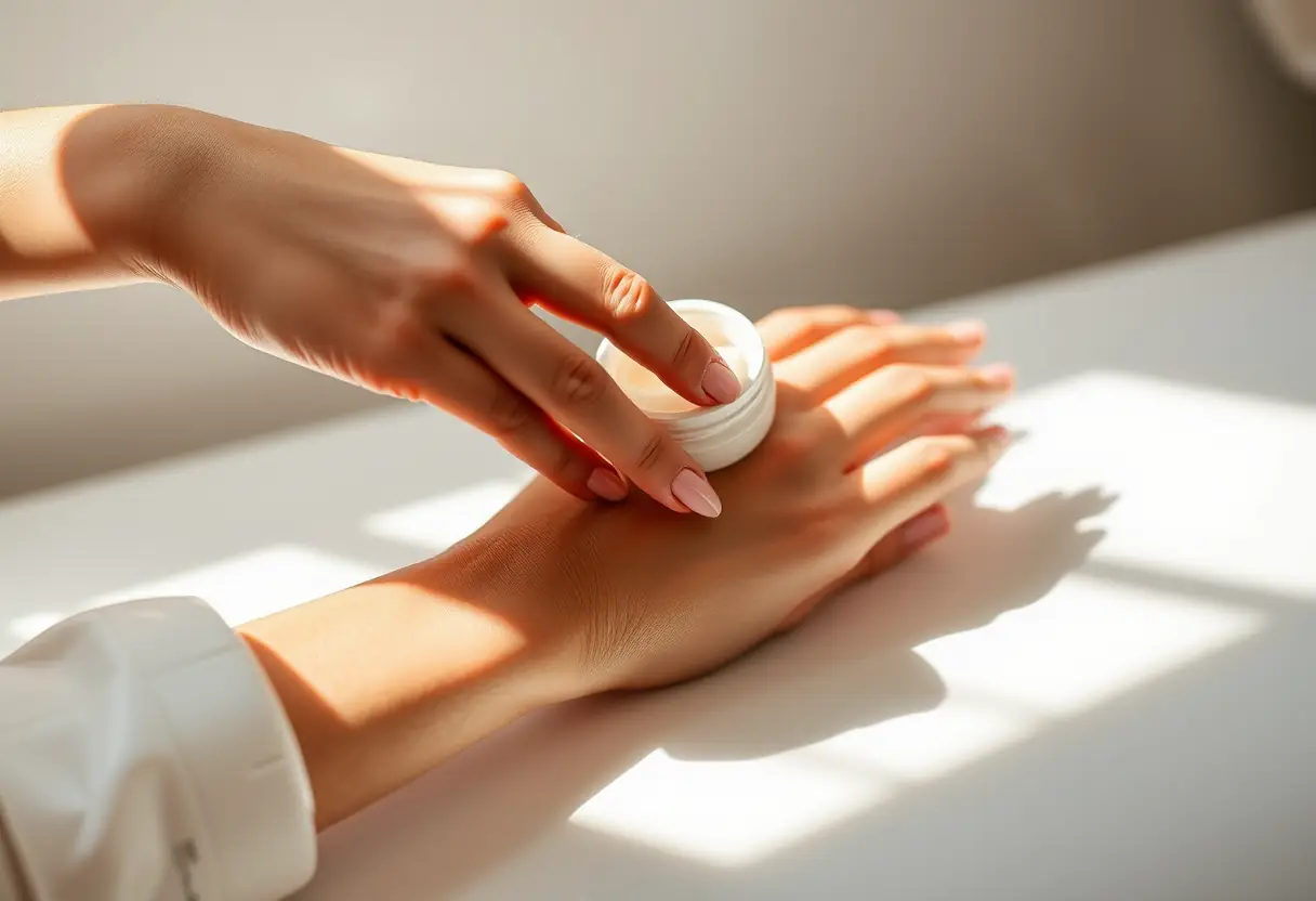 Une main applique délicatement une crème hydratante pour apaiser l'acné