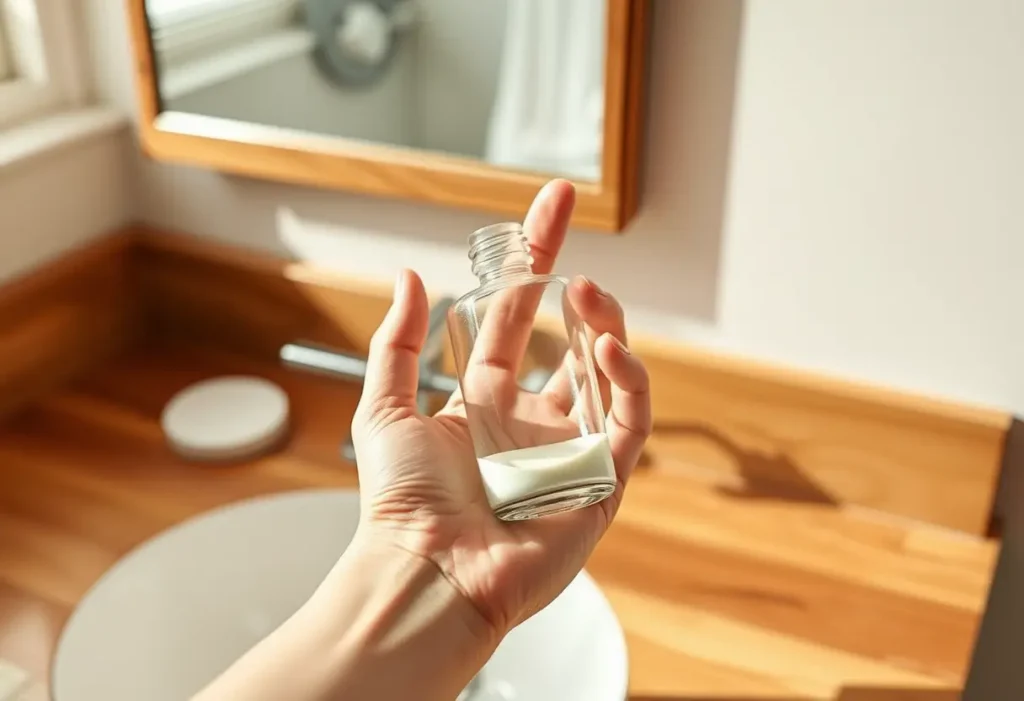 Une main posant une petite bouteille de soin hydratant sur un meuble de salle de bains