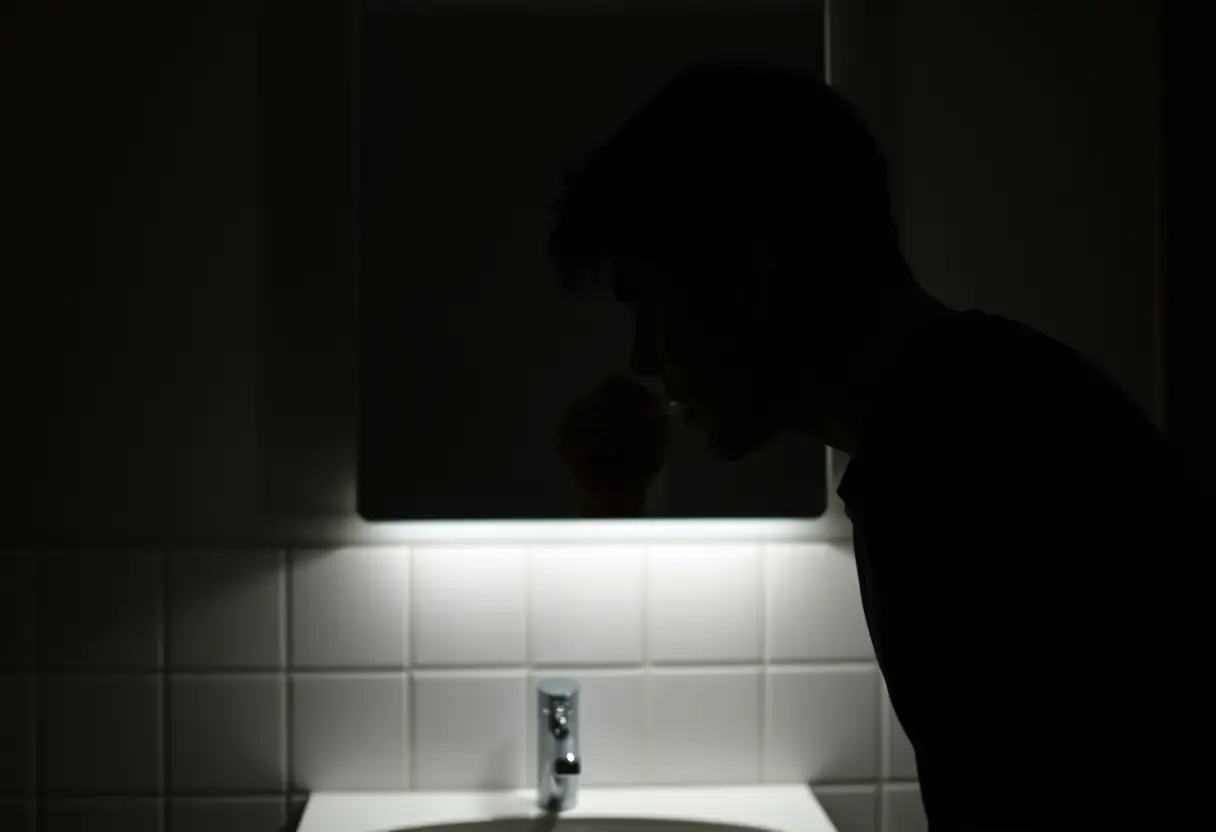 Un profil silhouetté brossant ses dents le soir dans une salle de bains
