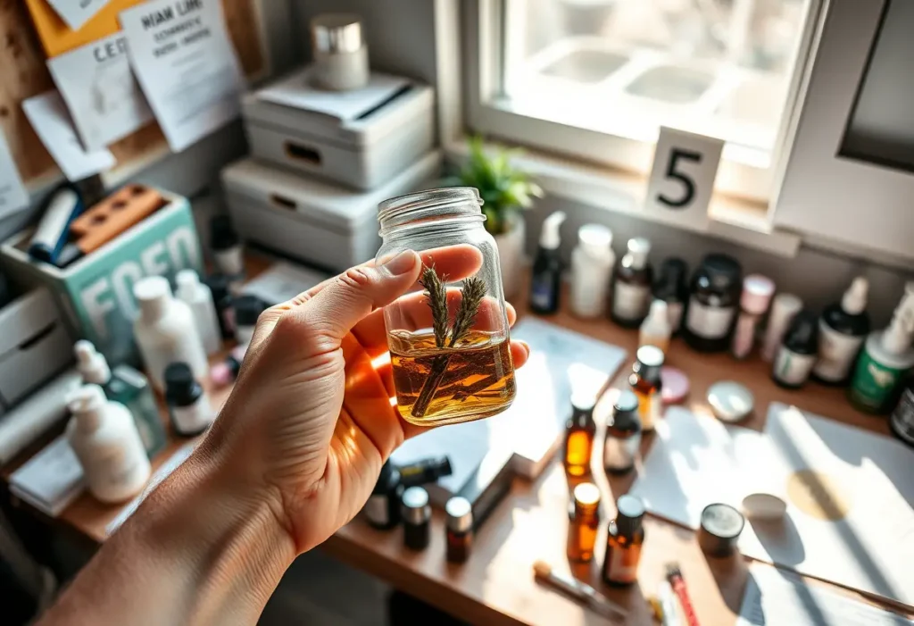 Une main tient un bocal contenant des huiles essentielles sur un bureau chargé de produits de soins de la peau