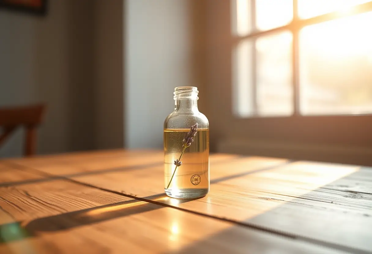 Un petit flacon en verre contient de l'huile de lavande apaisante, posé sur une table en bois dans la lumière du matin.