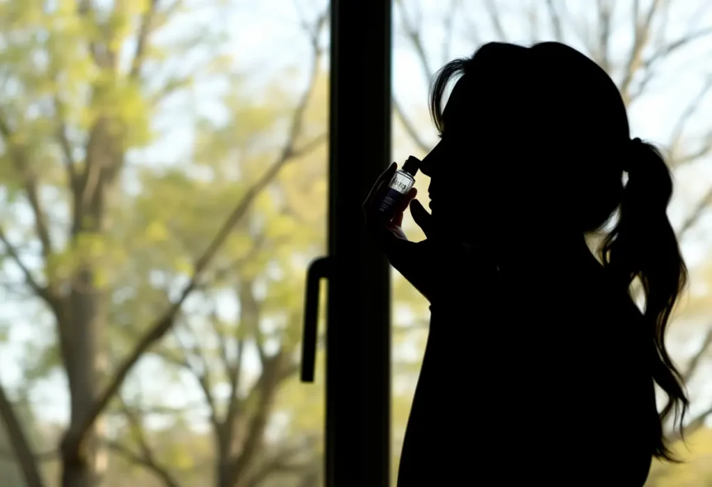 Un profil féminin devant une fenêtre, son reflet appliquant un sérum sur sa peau, tandis que des arbres bougent doucement.