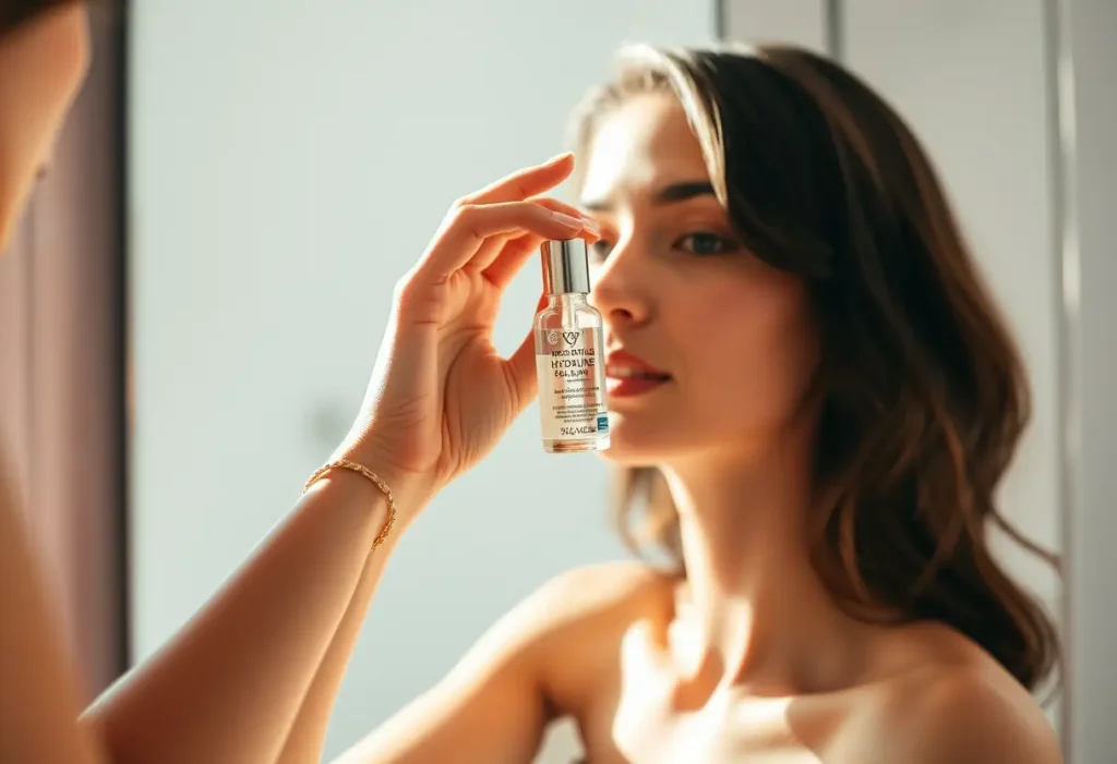 Une main applique un sérum hydratant devant un miroir de salle de bains, éclairée par une lumière naturelle douce