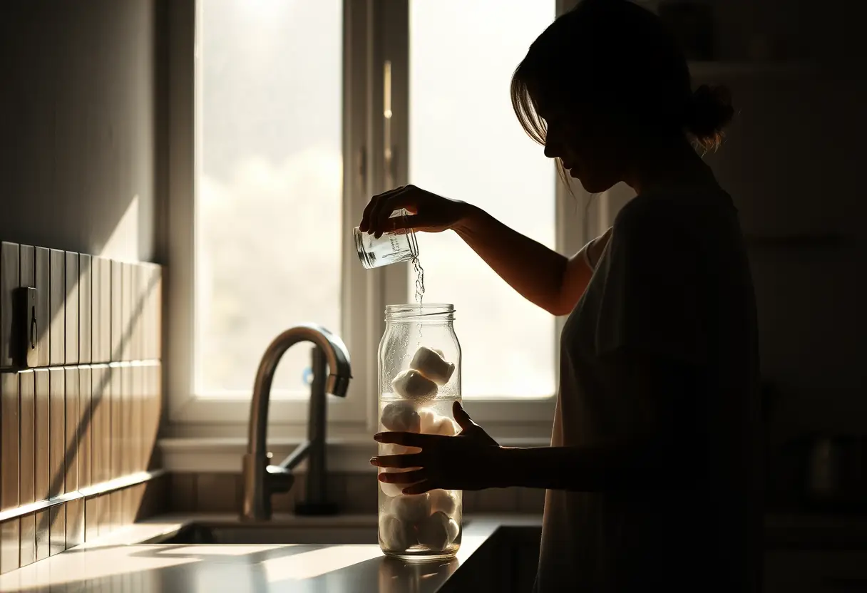 Un profil féminin se penche pour remplir des cotons dans un pot en verre dans la cuisine, éclairée par la lumière du jour