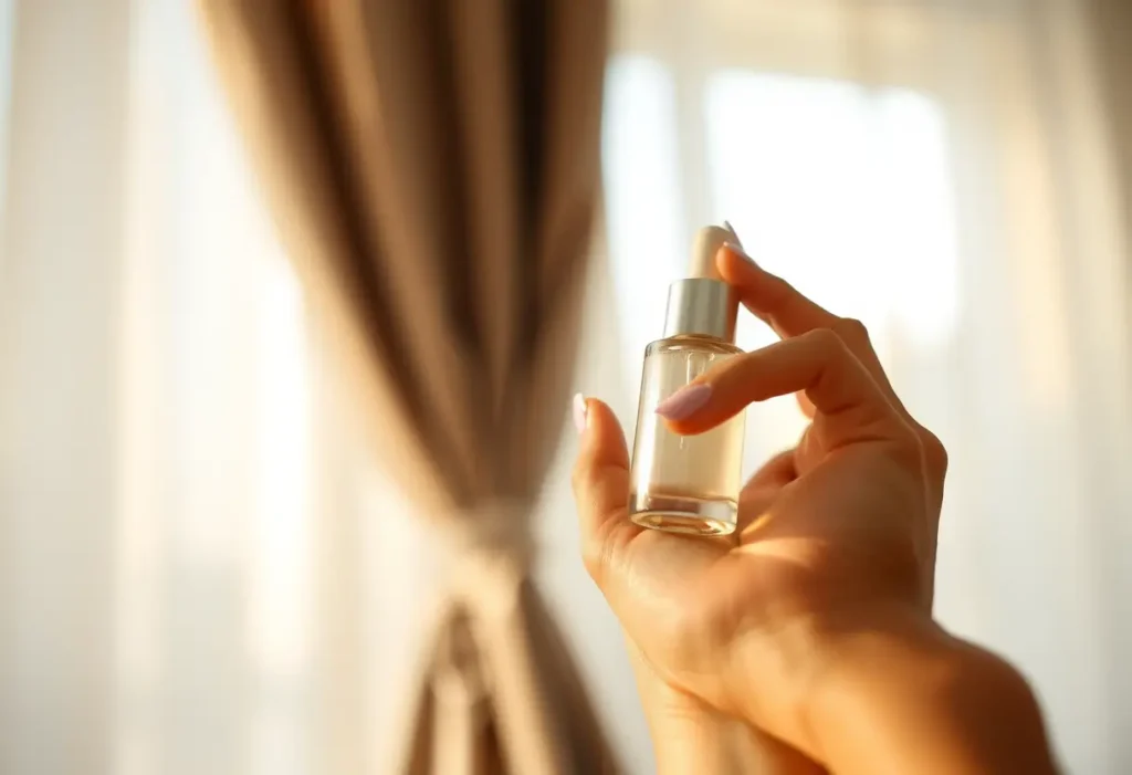Une main appliquant délicatement un sérum sur le bras, lumière douce du soir