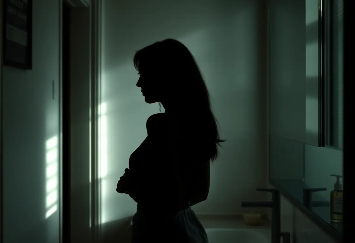 Silhouette d'une femme près d'un lavabo avec une bouteille d'exfoliant, éclairage naturel