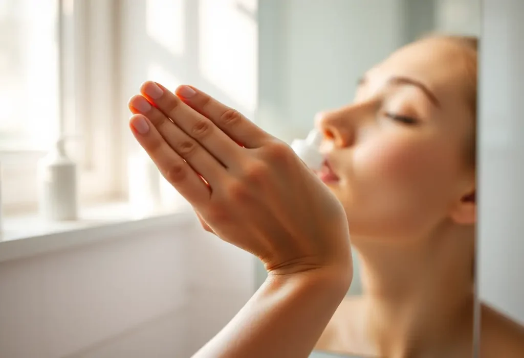 Une main applique délicatement une crème hydratante, lumière douce du matin, bien-être de la peau