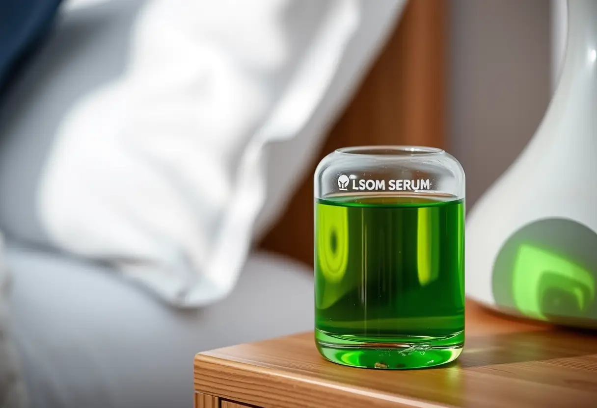 Un flacon en verre contenant une lotion verte sur une table de nuit en bois, soin apaisant de la peau