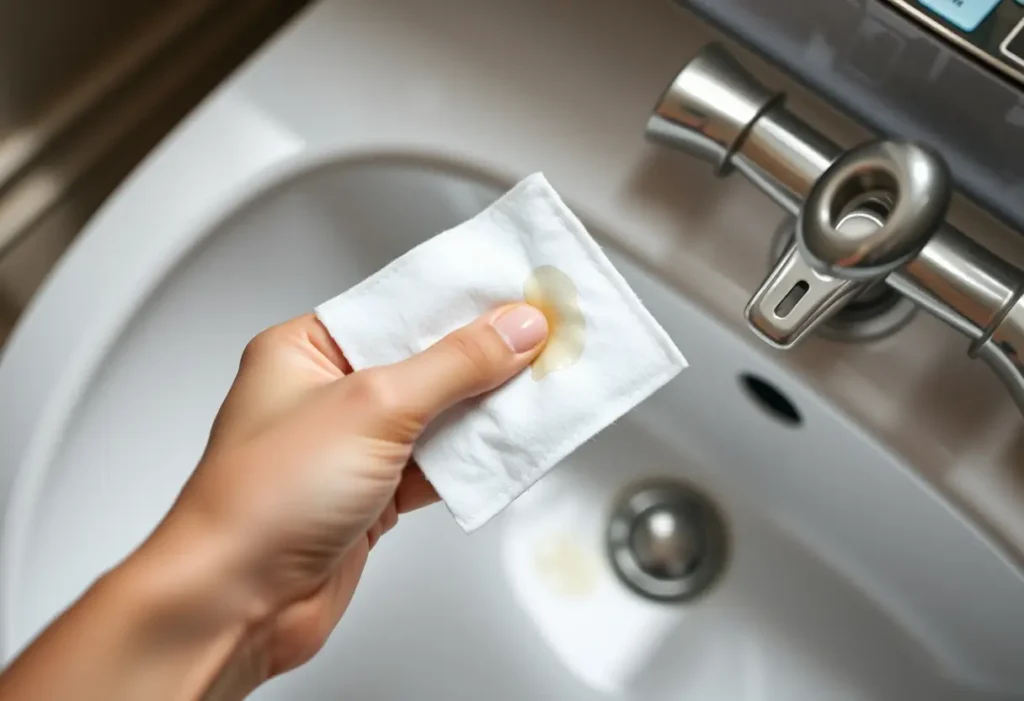 Une main tenant une compresse imbibée de tonique posée sur un lavabo en porcelaine blanche, Routine Skincare Korean