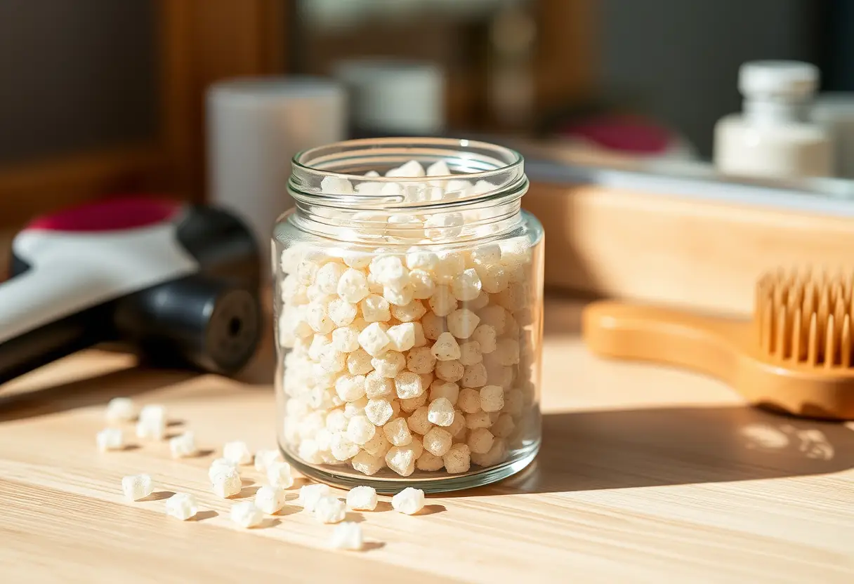 Un flacon en verre rempli de billes exfoliantes sur une table de chevet en bois, Routine Skincare Korean