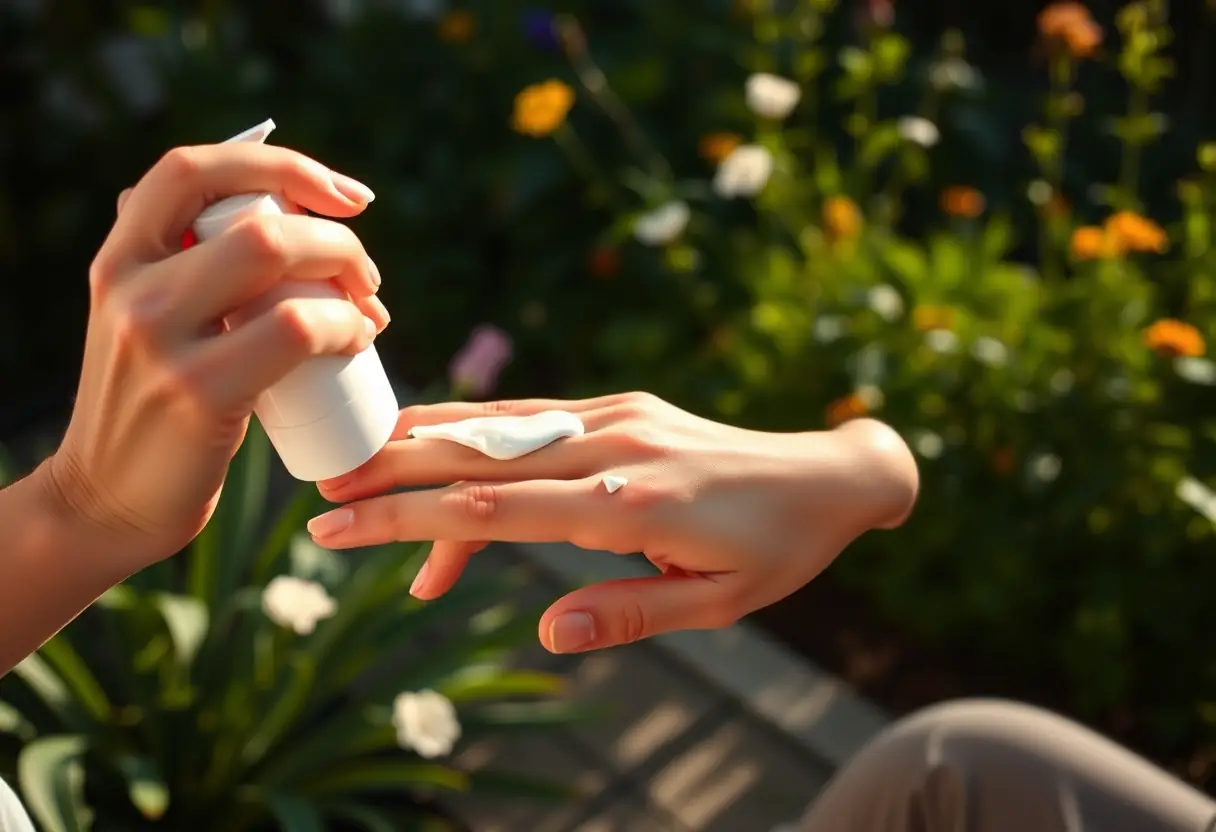 Une main applique une crème solaire sur une autre main dans un jardin, lumière matinale