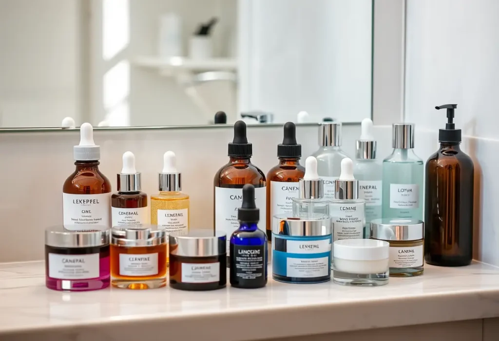 Un comptoir de salle de bains avec divers flacons et pots de soins de peau