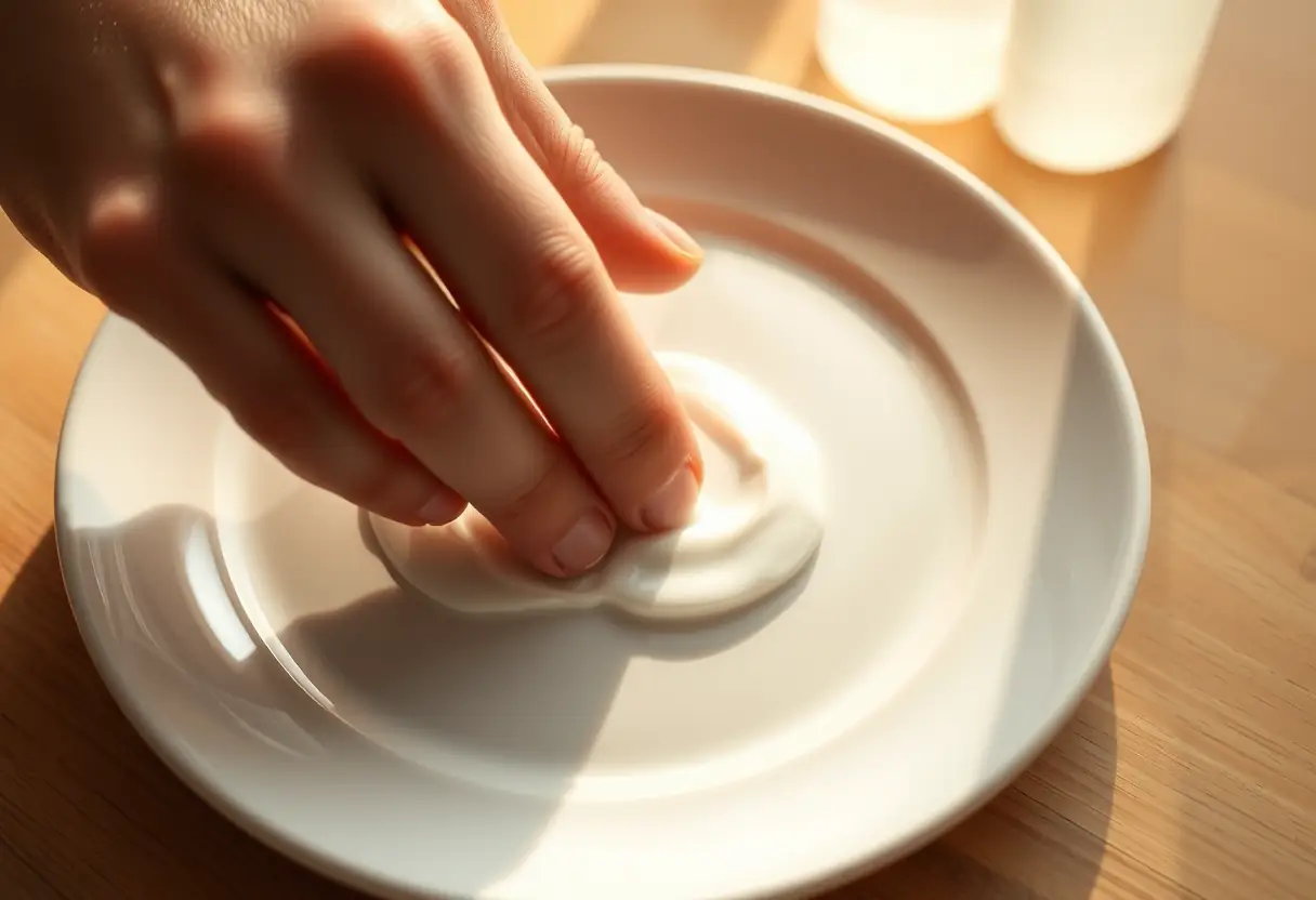 Une main applique délicatement une crème hydratante sur un plateau céramique, lumière naturelle