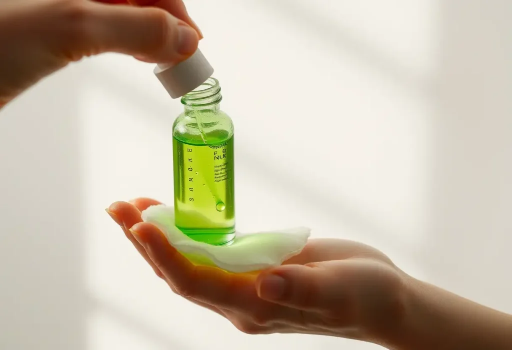 Une main tenant une bouteille de sérum vert avec des gouttes tombant sur un disque de coton