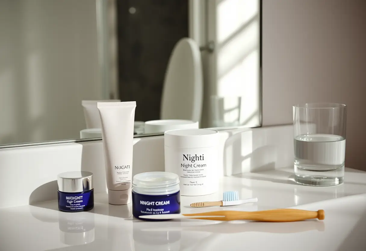Un meuble de toilette avec des pots de crème de nuit, une brosse à dents et un verre d'eau