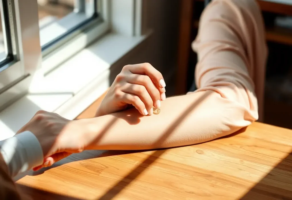 Une main applique délicatement un sérum sur un bras, posé sur un bureau en bois, lumière naturelle.