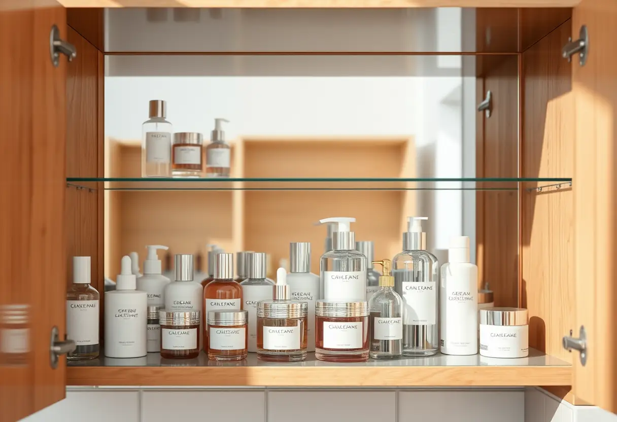 Un meuble à pharmacie ouvert avec des bouteilles en verre contenant des produits de soins pour la peau, rangés soigneusement sur une étagère, reflétés dans un miroir.