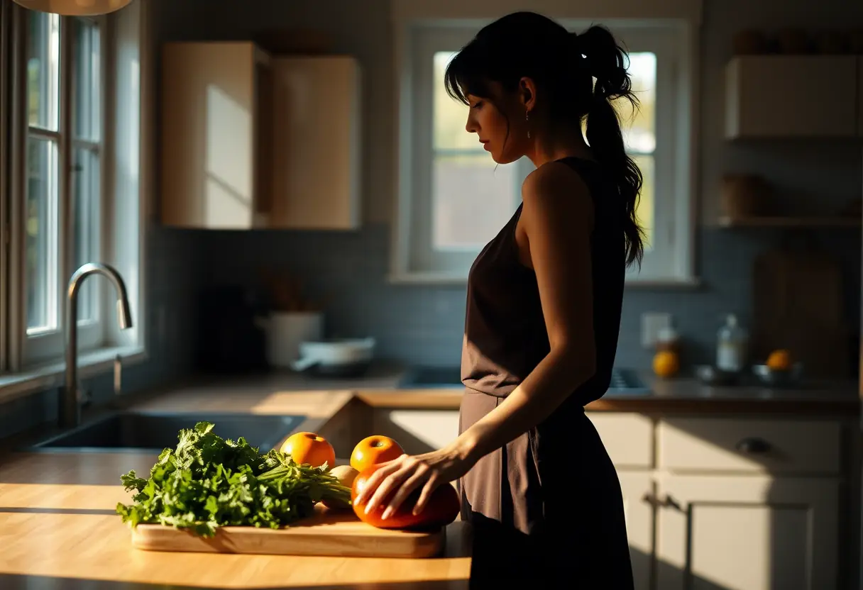 Silhouette d'une femme dans sa cuisine, tenant une planche à découper en bois chargée de légumes, éclairée par la lumière naturelle, bien-être corporel