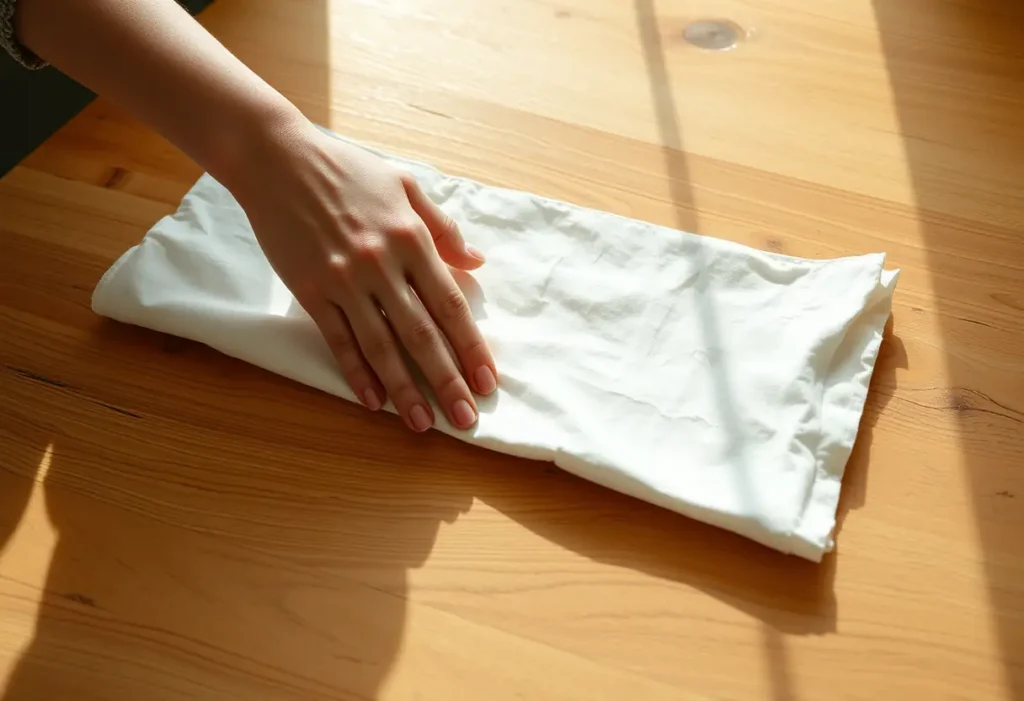 Une main féminine étale délicatement un tissu rectangle sur une table en bois, rappelant l'importance du confort personnel.
