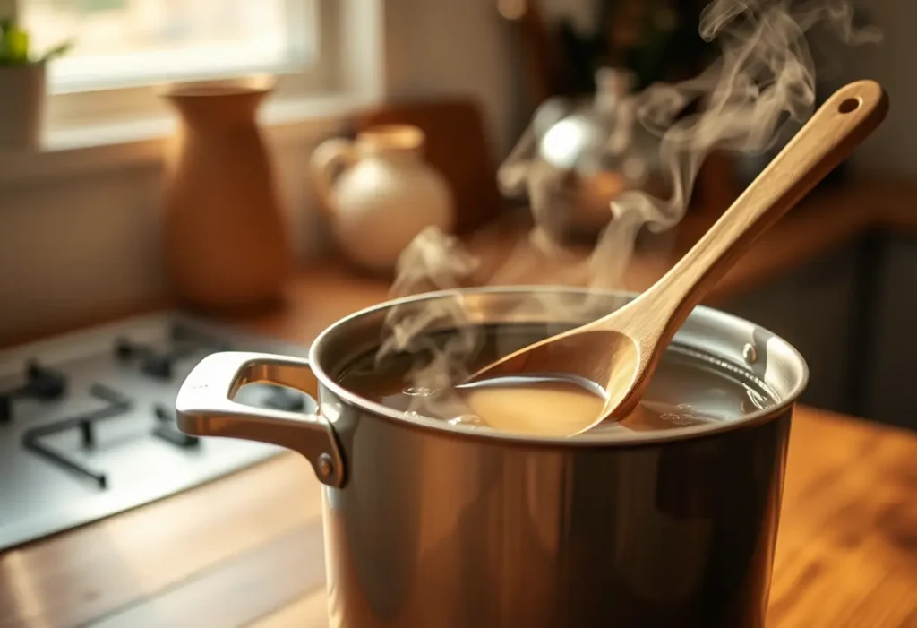 Un plan rapproché d'une cuillère en bois qui remue une marmite de thé herbagé sur un comptoir de cuisine, la lumière chaude met en valeur la vapeur qui s'échappe, symbole de confort et de bien-être