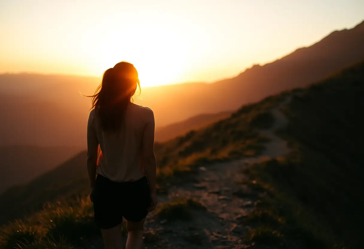 Un profil d'une femme qui marche sur un sentier en colimaçon dans les montagnes, le soleil se couche derrière elle, projetant un éclat doré qui baigne le paysage et reflète son parcours vers l'acceptation de soi