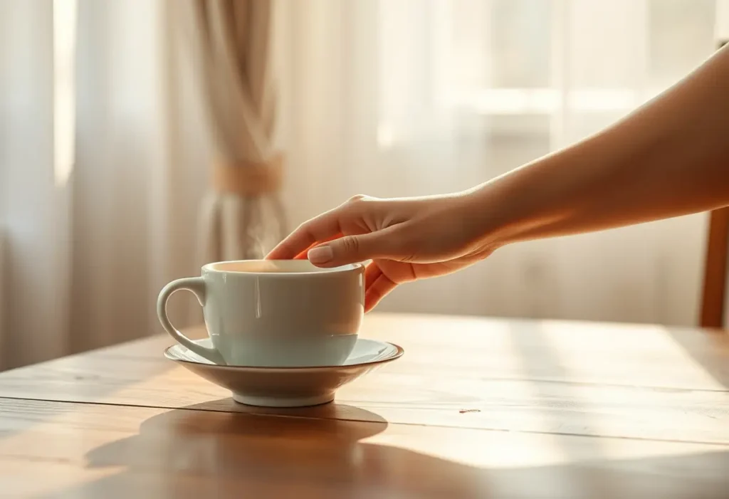 Une main posant une tasse de thé sur une table en bois, un symbole de soins personnels.