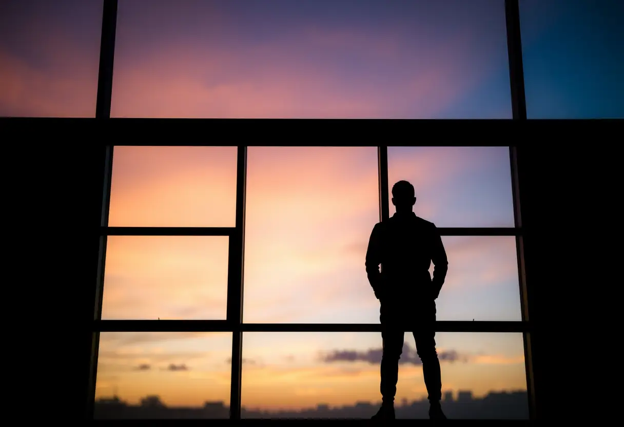 Un profil flou devant une fenêtre, le ciel passe de la nuit au lever du soleil, un symbole d'espoir et de renouveau.