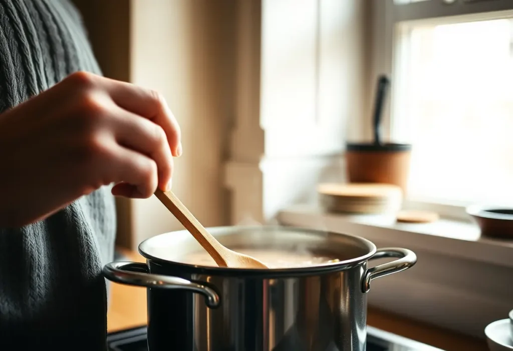 Une main féminine tenant une cuillère en bois au-dessus d'une marmite de soupe maison, dans un article sur la pré-ménopause.