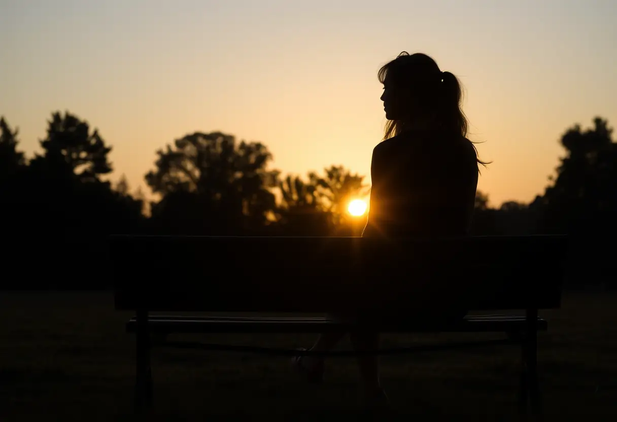 Un profil d'une femme assise sur un banc de parc à la tombée de la nuit, contemplant le coucher de soleil, dans un article sur la pré-ménopause.