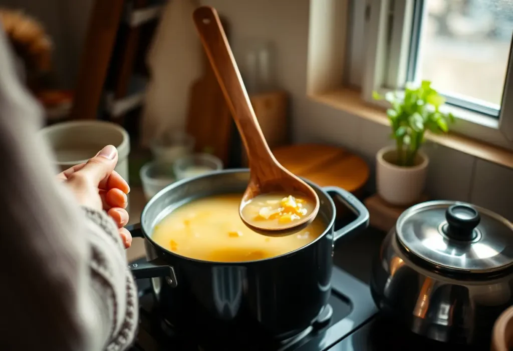 Une main féminine tenant une cuillère en bois au-dessus d'une marmite de soupe dans une cuisine accueillante, évoquant la pré-ménopause
