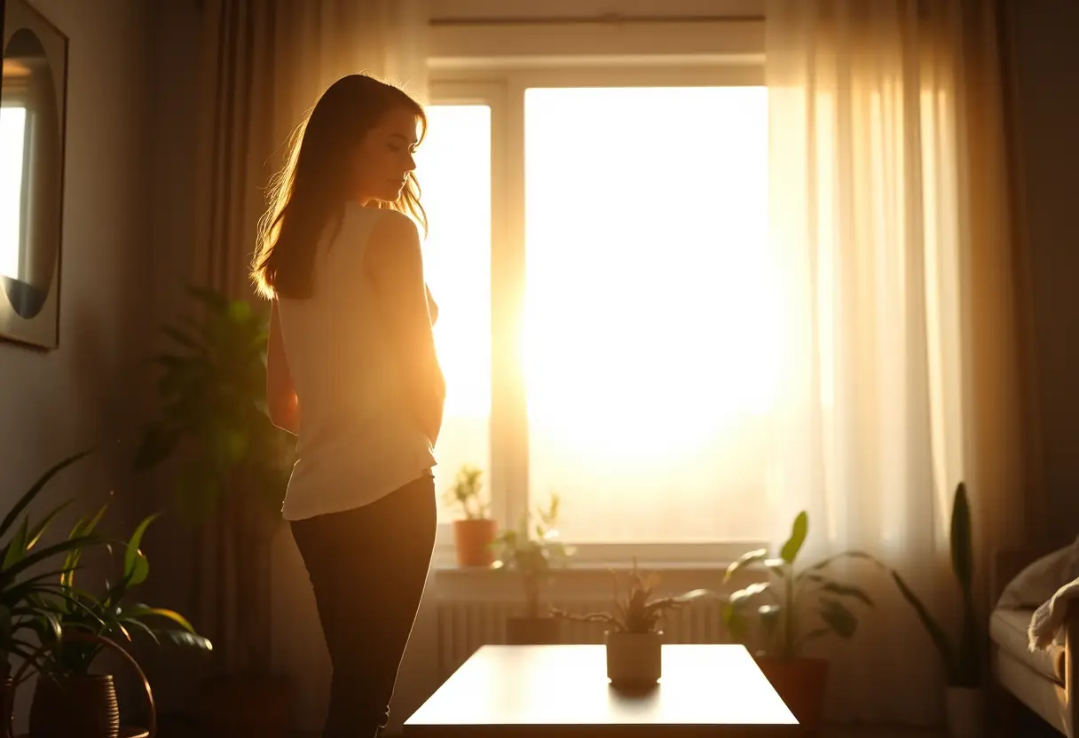 Silhouette d'une femme debout près d'une fenêtre, éclairée par la lumière du soir, dans un salon avec des plantes vertes et une table en bois, rappelant la pré-ménopause
