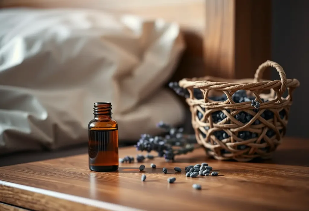 Une table de chevet avec une bouteille d’huiles essentielles et un panier de lavande, dans une chambre éclairée doucement